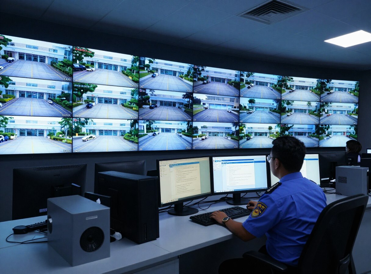 Surveillance operator monitoring a wall of CCTV displays