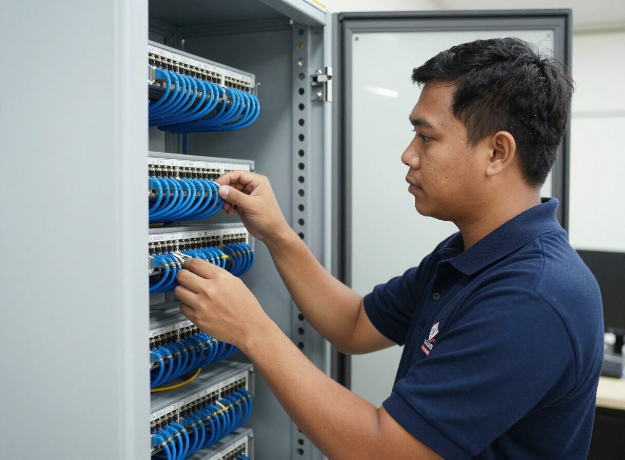 Engineer working on structured cabling in a network rack