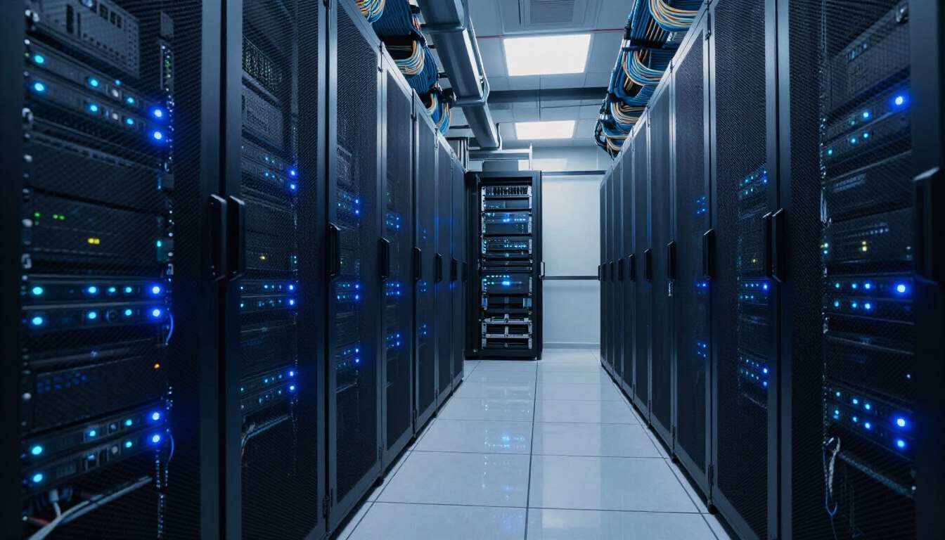 Server racks and organized connections inside a data center
