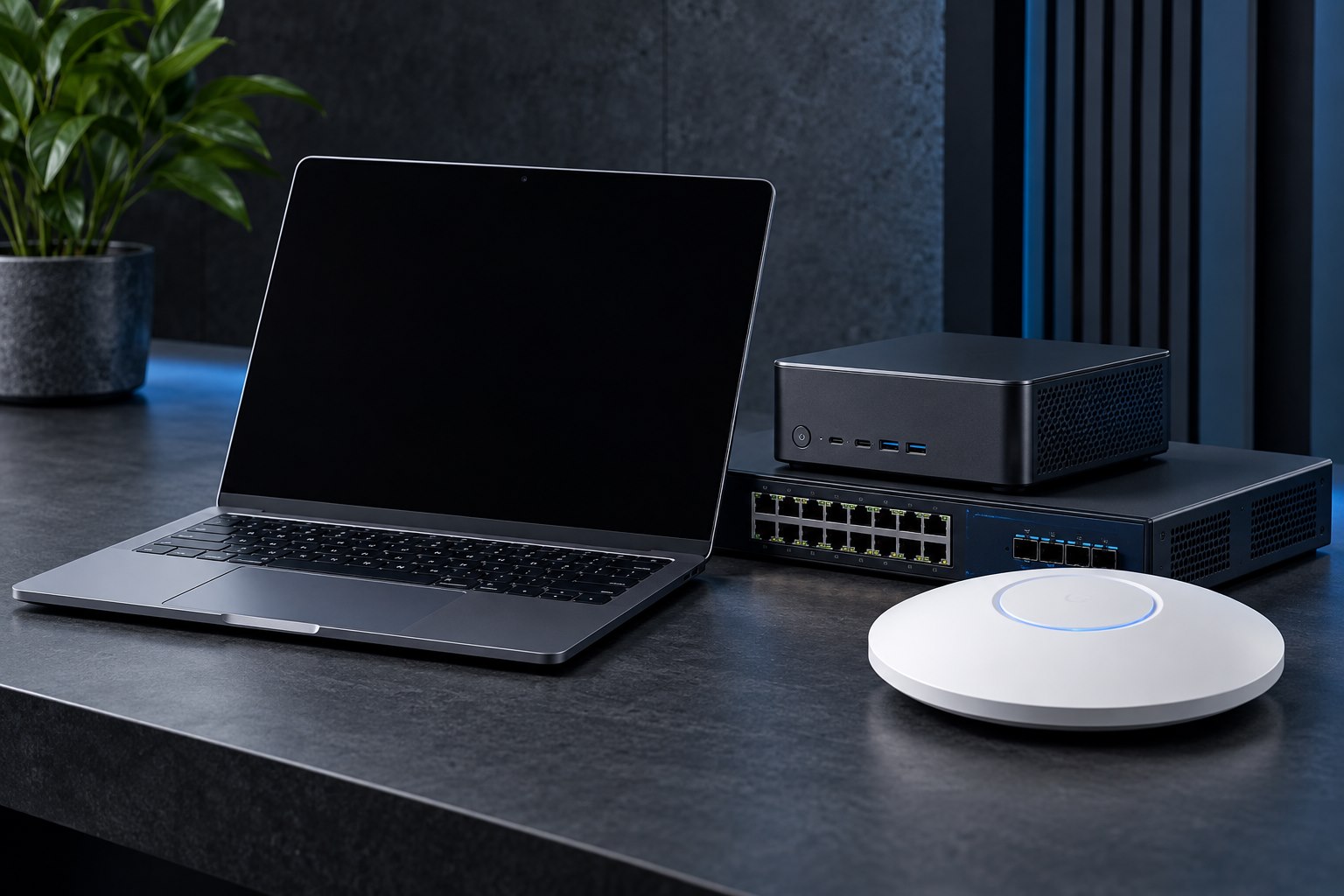 Business computers and networking equipment arranged on a desk