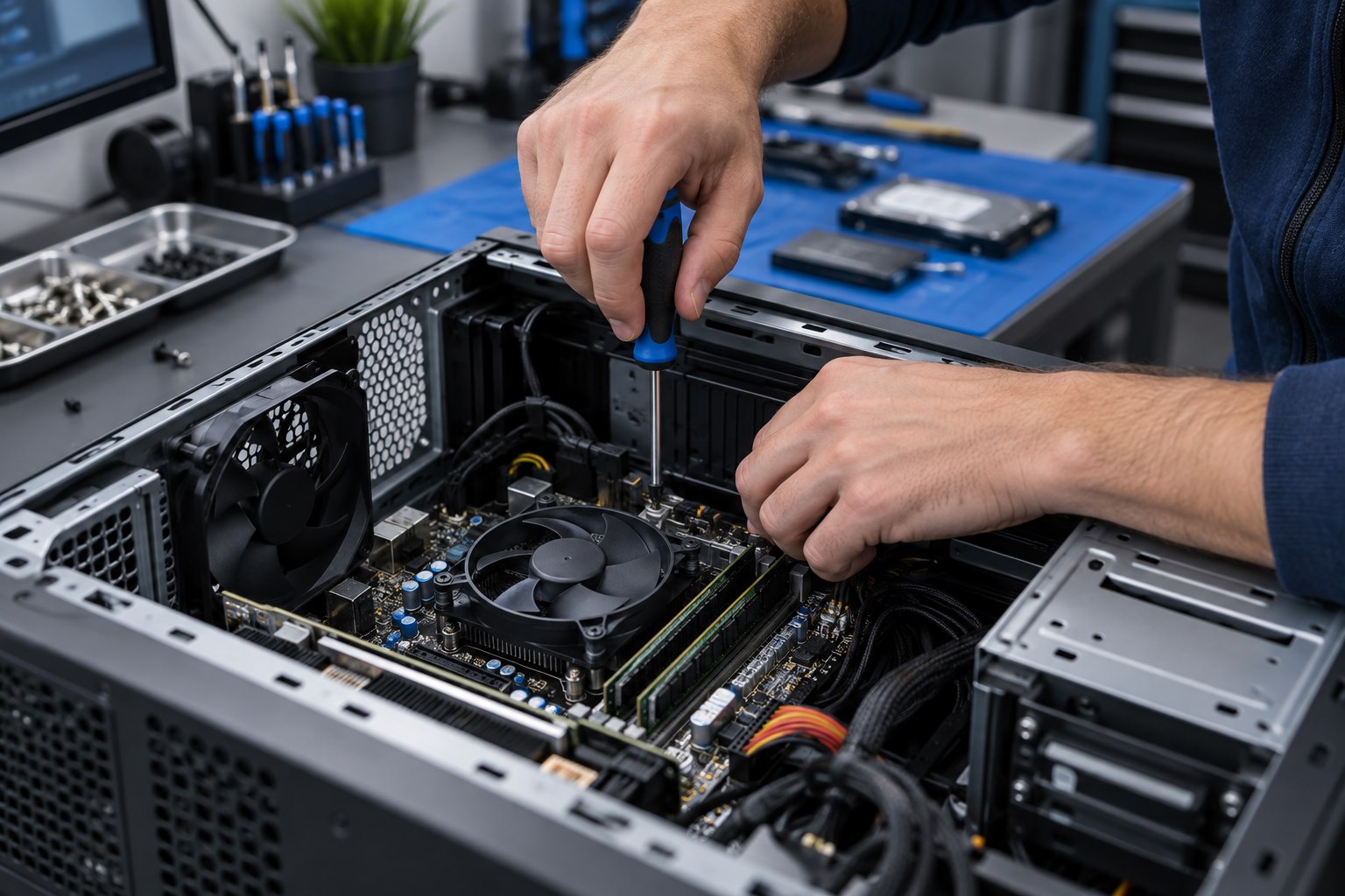Technician servicing components inside a desktop computer