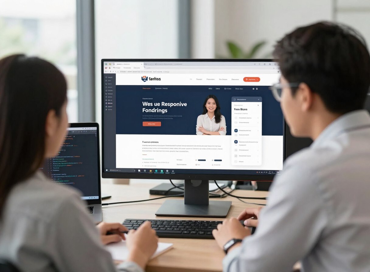 Developers reviewing website layouts on a monitor